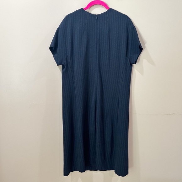 Theory Shift Dress Women L Blue Navy Striped Short Sleeve Mock Neck Classic - Picture 3 of 8